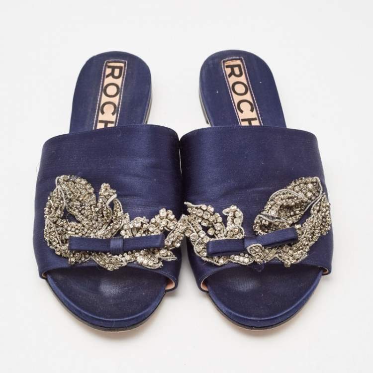 Pre Owned Rochas Navy Blue Satin Crystal Embellished Bow Slide Flat Sandals Size 38