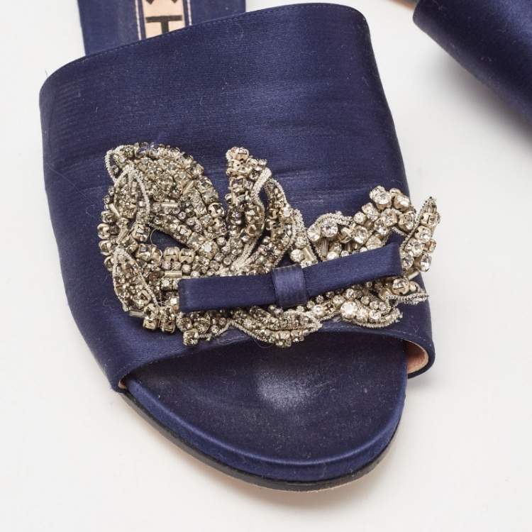 Pre Owned Rochas Navy Blue Satin Crystal Embellished Bow Slide Flat Sandals Size 38