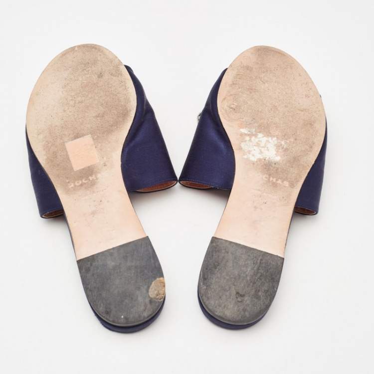 Pre Owned Rochas Navy Blue Satin Crystal Embellished Bow Slide Flat Sandals Size 38