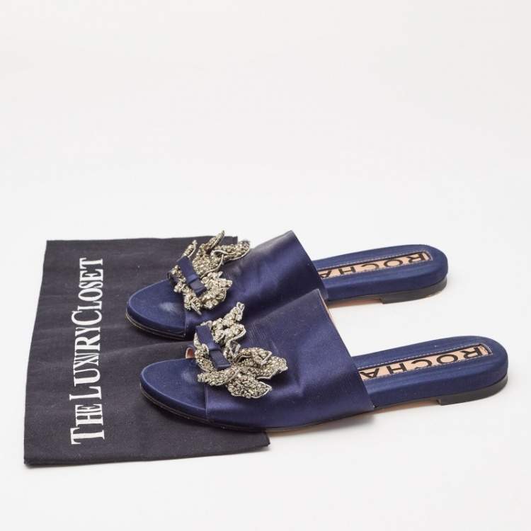 Pre Owned Rochas Navy Blue Satin Crystal Embellished Bow Slide Flat Sandals Size 38