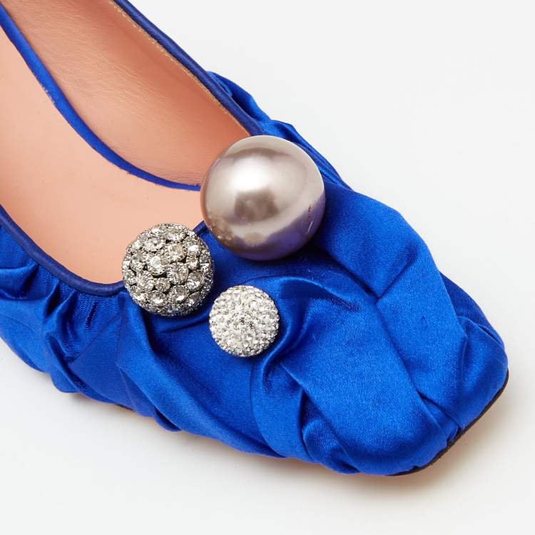 Pre Owned Rochas Blue Satin Crystal Embellished Slingback Pumps Size 40