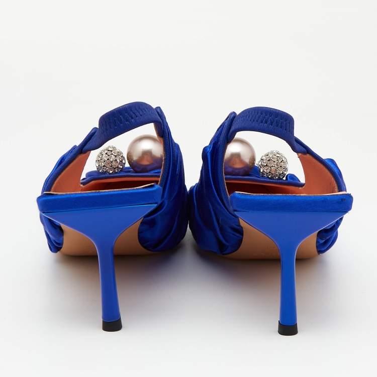 Pre Owned Rochas Blue Satin Crystal Embellished Slingback Pumps Size 40