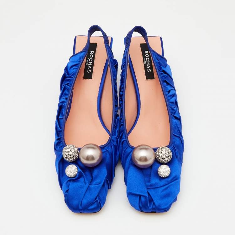 Pre Owned Rochas Blue Satin Crystal Embellished Slingback Pumps Size 40