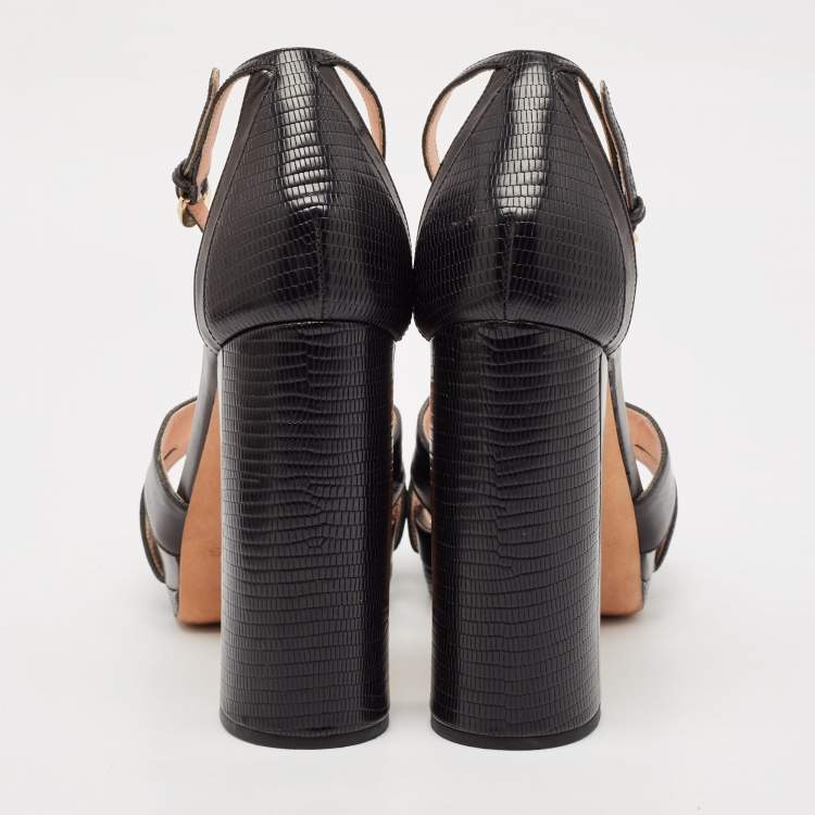 Pre Owned Rochas Black Leather and Lizard Embossed Leather Ankle Strap Sandals Size 40