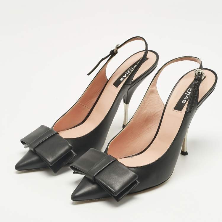 Pre Owned Rochas Black Leather Bow Slingback Pumps Size 40