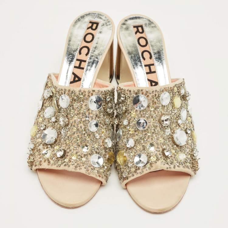 Pre Owned Rochas Beige Suede Crystal Embellished Slide Sandals Size 40