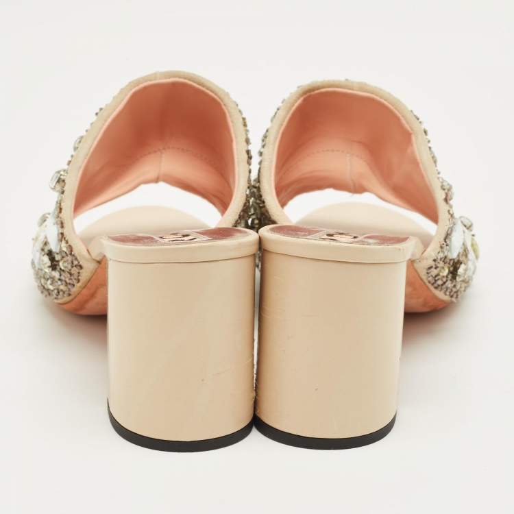Pre Owned Rochas Beige Suede Crystal Embellished Slide Sandals Size 40