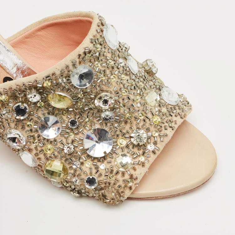 Pre Owned Rochas Beige Suede Crystal Embellished Slide Sandals Size 40