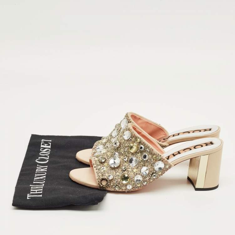 Pre Owned Rochas Beige Suede Crystal Embellished Slide Sandals Size 40