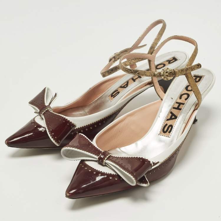 Pre Owned Rochas Size 39.5 Burgundy/White Patent and Leather Bow  Ankle Strap Pumps