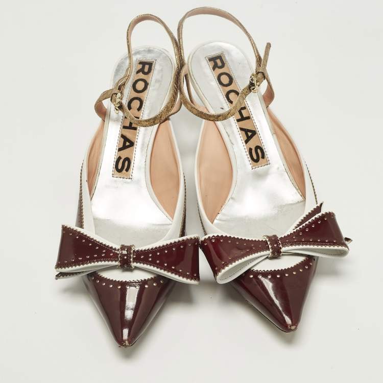 Pre Owned Rochas Size 39.5 Burgundy/White Patent and Leather Bow  Ankle Strap Pumps