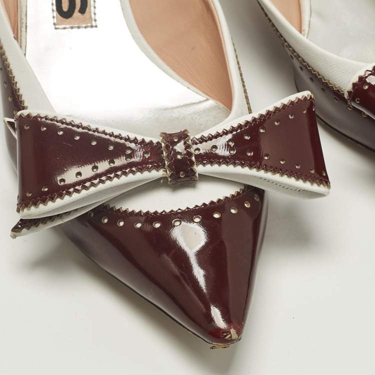 Pre Owned Rochas Size 39.5 Burgundy/White Patent and Leather Bow  Ankle Strap Pumps