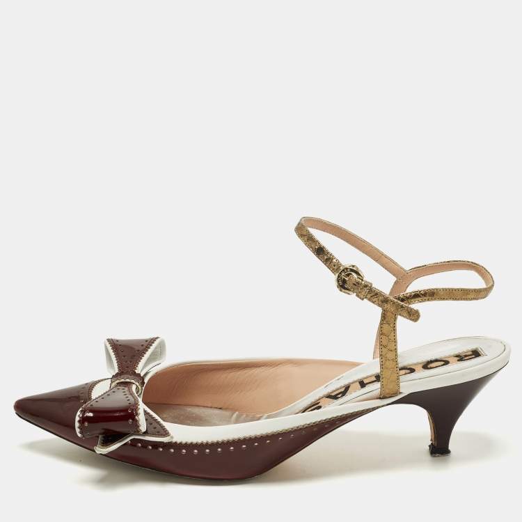 Pre Owned Rochas Size 39.5 Burgundy/White Patent and Leather Bow  Ankle Strap Pumps