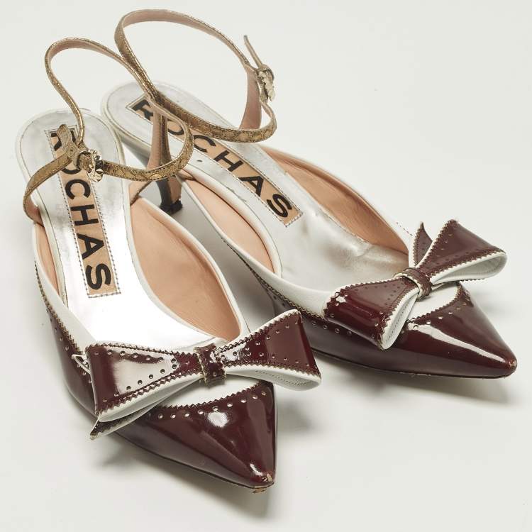 Pre Owned Rochas Size 39.5 Burgundy/White Patent and Leather Bow  Ankle Strap Pumps