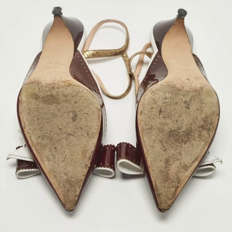 Pre Owned Rochas Size 39.5 Burgundy/White Patent and Leather Bow  Ankle Strap Pumps