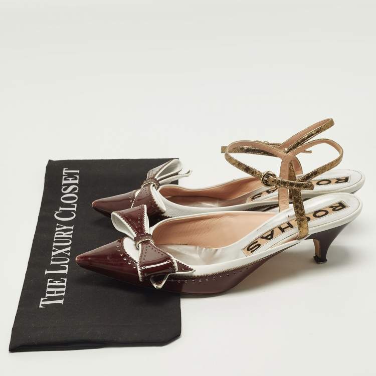 Pre Owned Rochas Size 39.5 Burgundy/White Patent and Leather Bow  Ankle Strap Pumps