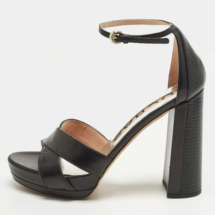 Pre Owned Rochas Size 39 Black Leather and Lizard Embossed Leather Ankle Strap Sandals