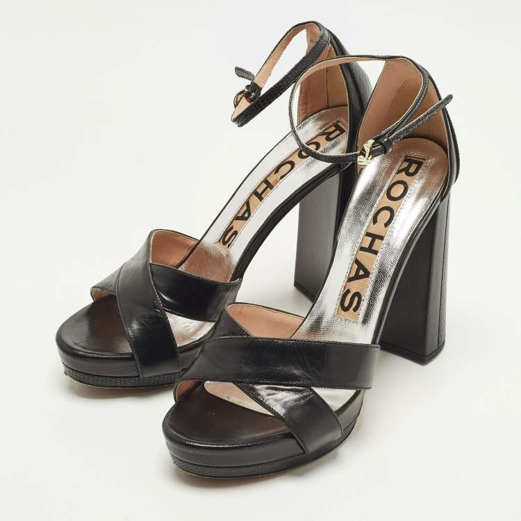 Pre Owned Rochas Size 39 Black Leather and Lizard Embossed Leather Ankle Strap Sandals
