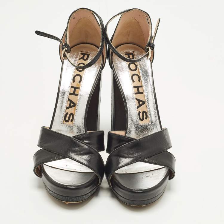 Pre Owned Rochas Size 39 Black Leather and Lizard Embossed Leather Ankle Strap Sandals