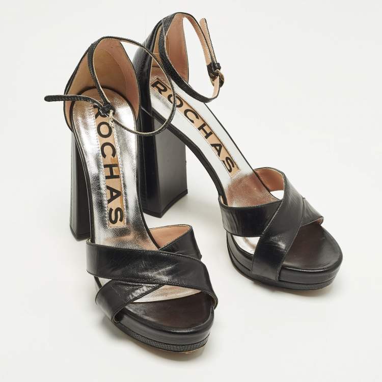 Pre Owned Rochas Size 39 Black Leather and Lizard Embossed Leather Ankle Strap Sandals