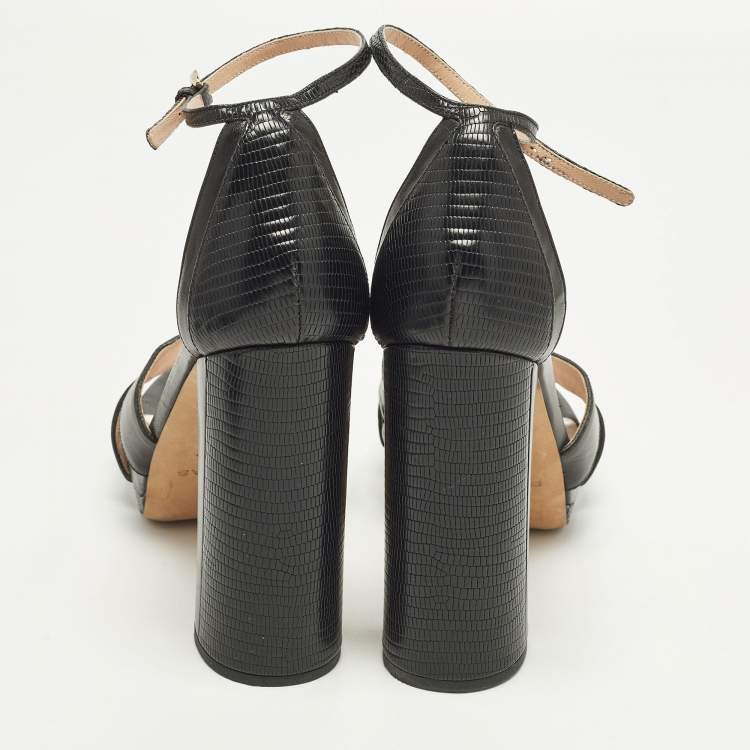 Pre Owned Rochas Size 39 Black Leather and Lizard Embossed Leather Ankle Strap Sandals