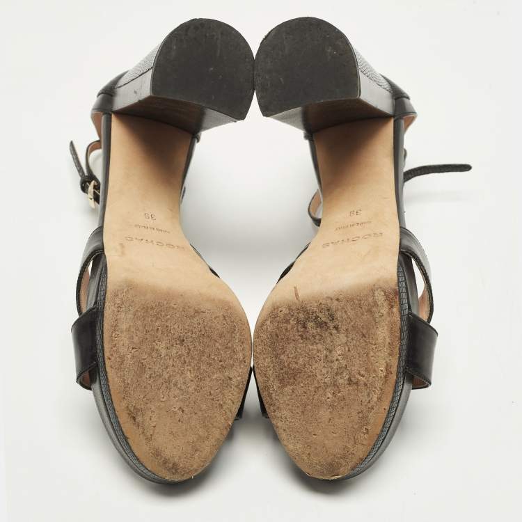 Pre Owned Rochas Size 39 Black Leather and Lizard Embossed Leather Ankle Strap Sandals