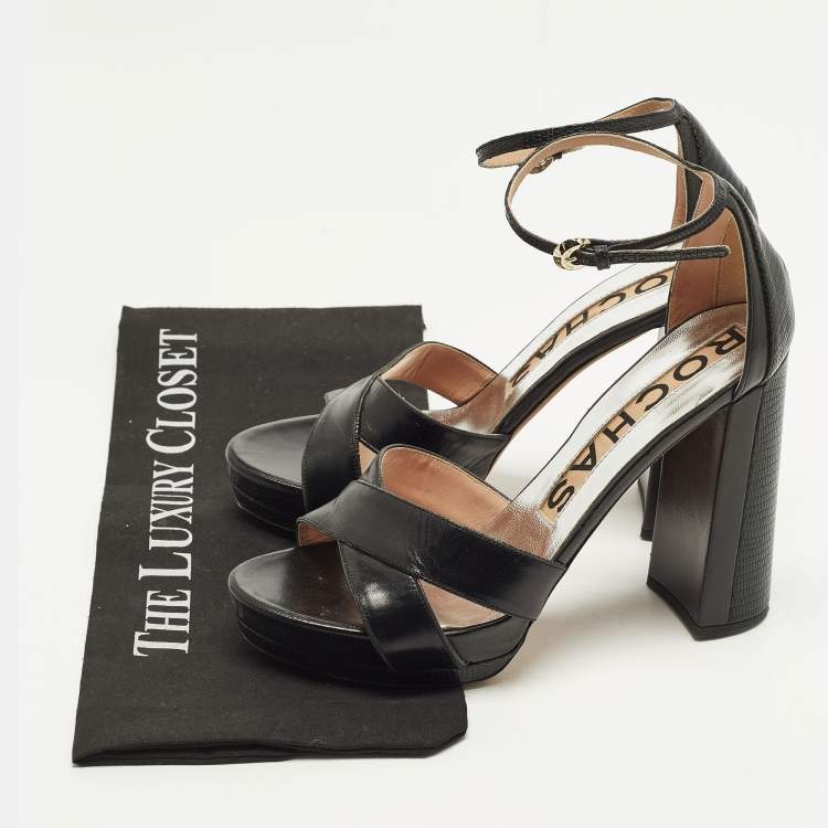 Pre Owned Rochas Size 39 Black Leather and Lizard Embossed Leather Ankle Strap Sandals