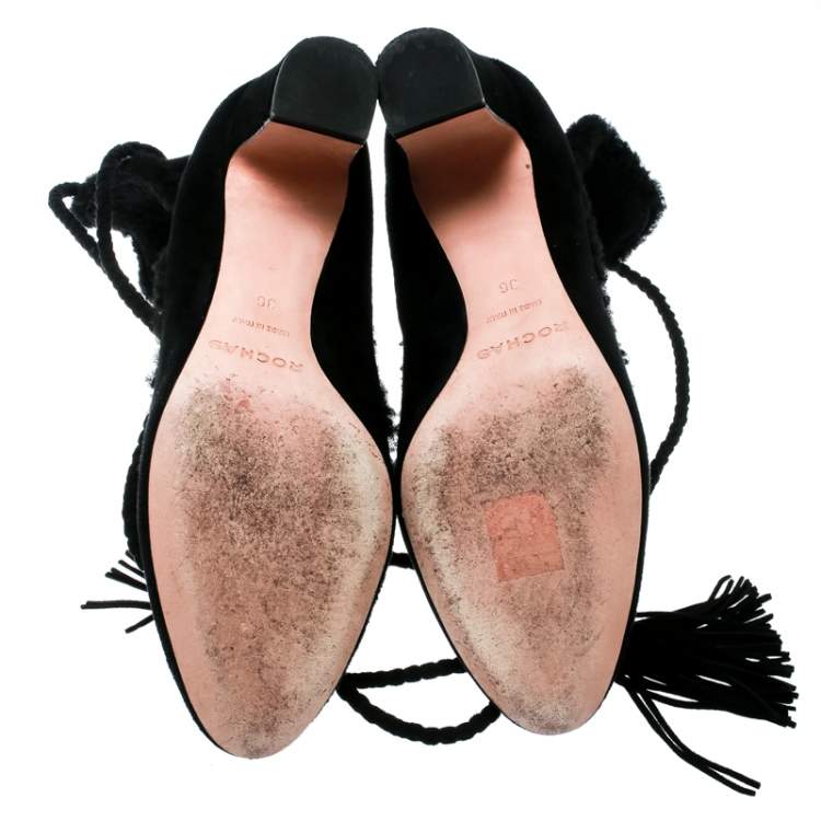 مملوكة مسبقًا Rochas Black Suede/Fur Tassel Tie Up Pumps Size 36