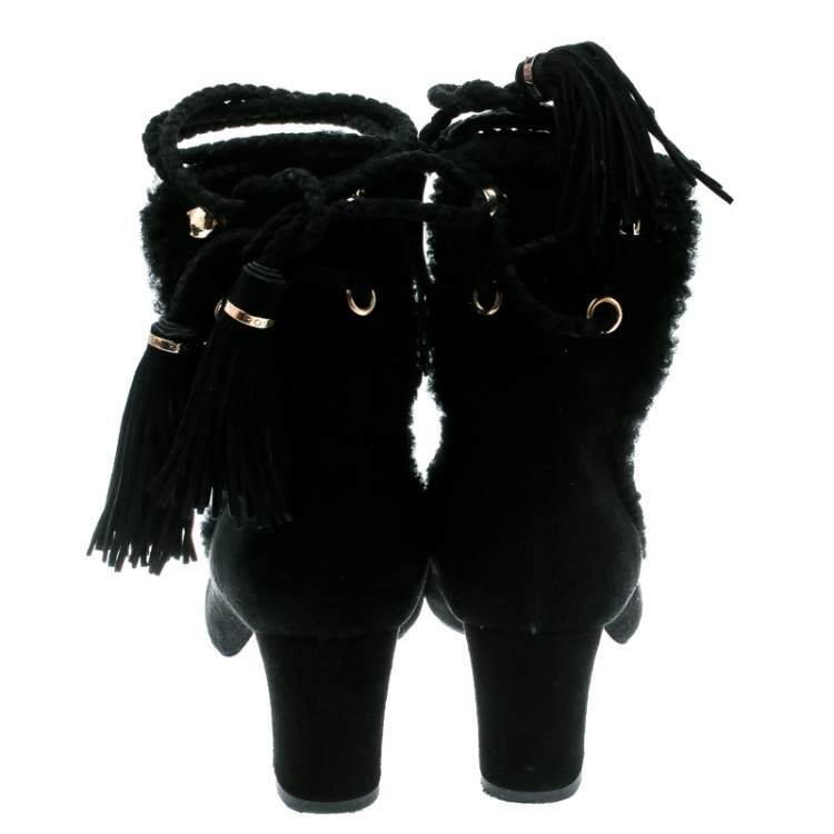 مملوكة مسبقًا Rochas Black Suede/Fur Tassel Tie Up Pumps Size 36