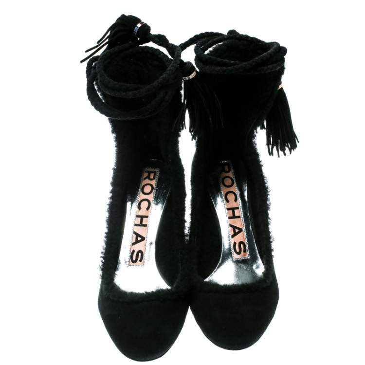 مملوكة مسبقًا Rochas Black Suede/Fur Tassel Tie Up Pumps Size 36
