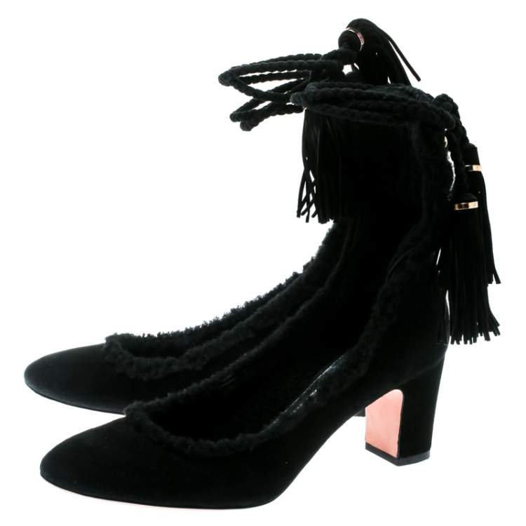 مملوكة مسبقًا Rochas Black Suede/Fur Tassel Tie Up Pumps Size 36