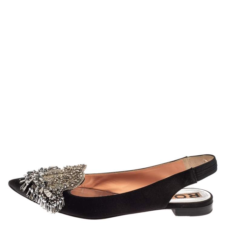 مملوكة مسبقًا Rochas Black Satin Embellished Flat Slingback Sandals Size 36