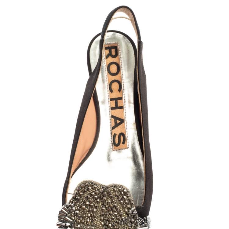 مملوكة مسبقًا Rochas Black Satin Embellished Flat Slingback Sandals Size 36