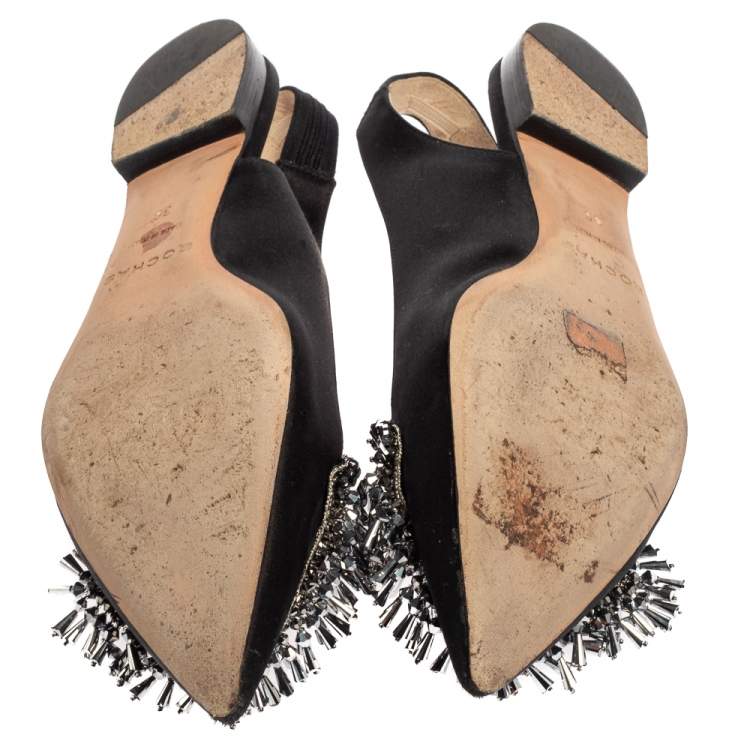 مملوكة مسبقًا Rochas Black Satin Embellished Flat Slingback Sandals Size 36
