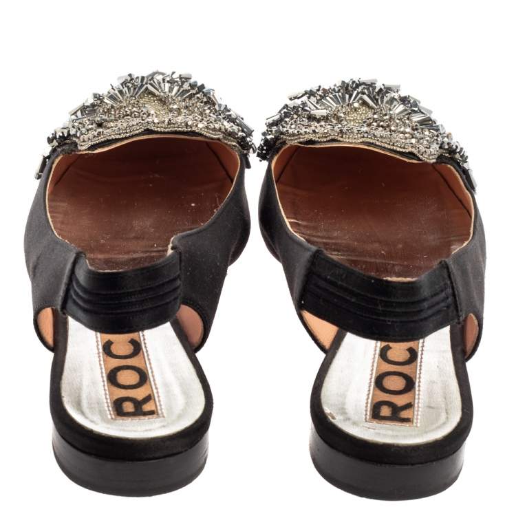 مملوكة مسبقًا Rochas Black Satin Embellished Flat Slingback Sandals Size 36