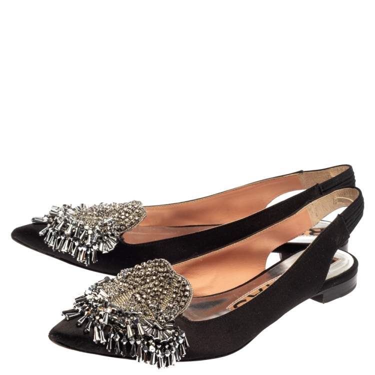 مملوكة مسبقًا Rochas Black Satin Embellished Flat Slingback Sandals Size 36
