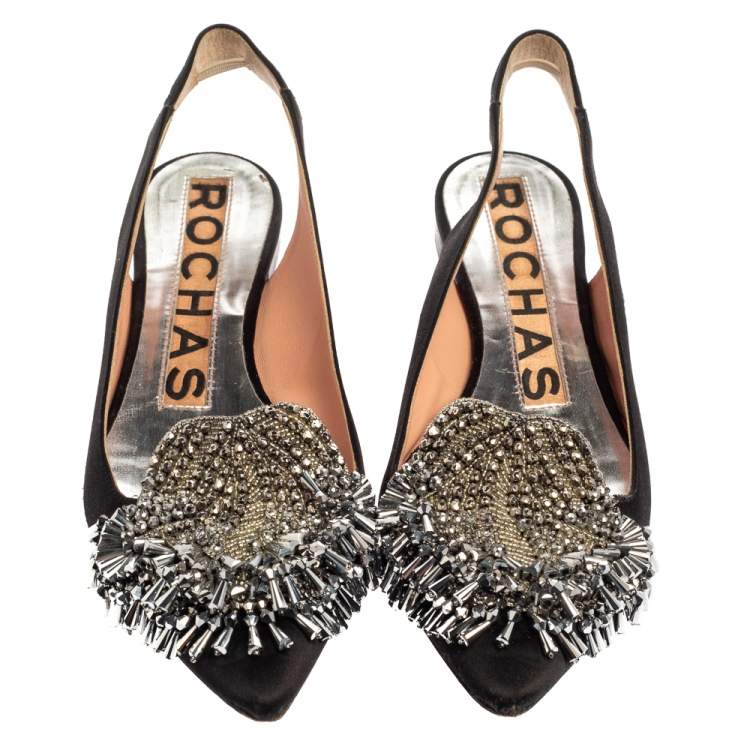 مملوكة مسبقًا Rochas Black Satin Embellished Flat Slingback Sandals Size 36