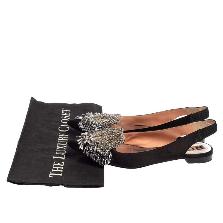 مملوكة مسبقًا Rochas Black Satin Embellished Flat Slingback Sandals Size 36