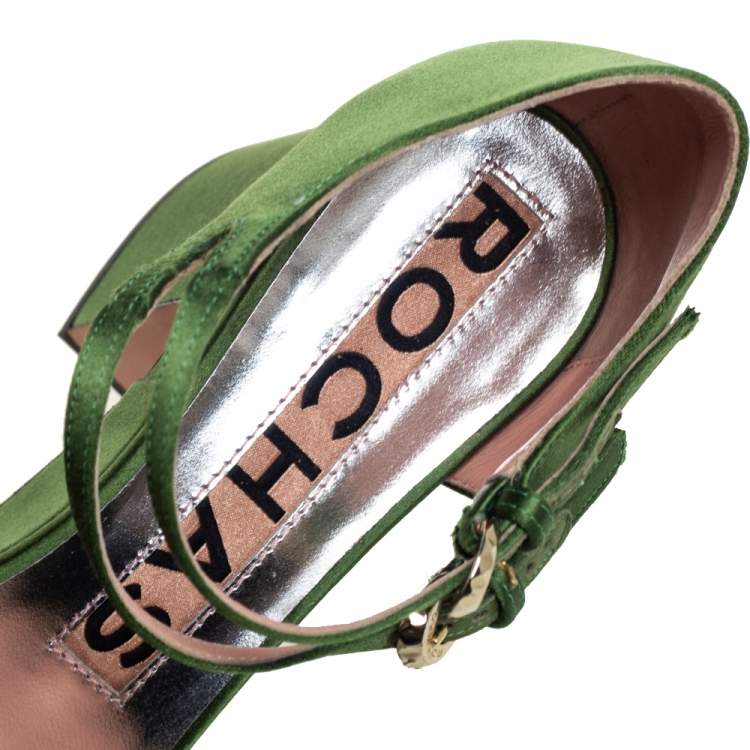 Pre Owned Rochas Green Satin Platform Ankle Strap Sandals Size 39