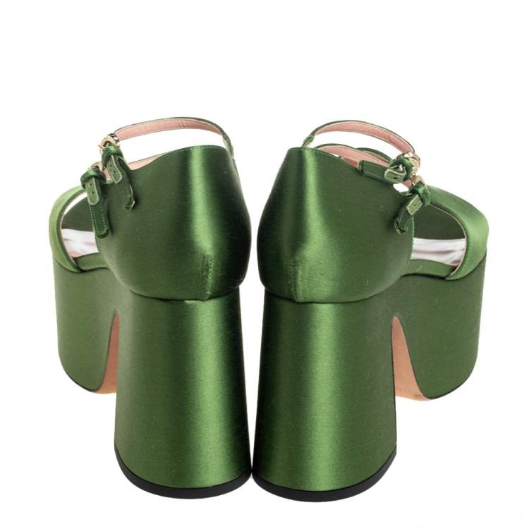 Pre Owned Rochas Green Satin Platform Ankle Strap Sandals Size 39