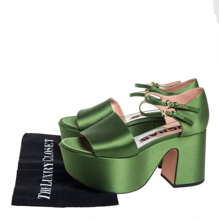 Pre Owned Rochas Green Satin Platform Ankle Strap Sandals Size 39
