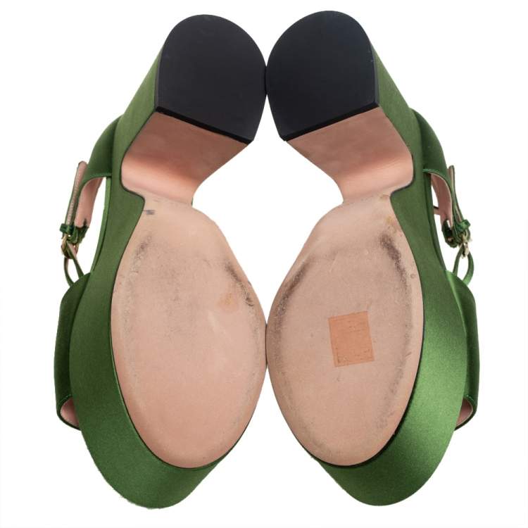 Pre Owned Rochas Green Satin Platform Ankle Strap Sandals Size 39