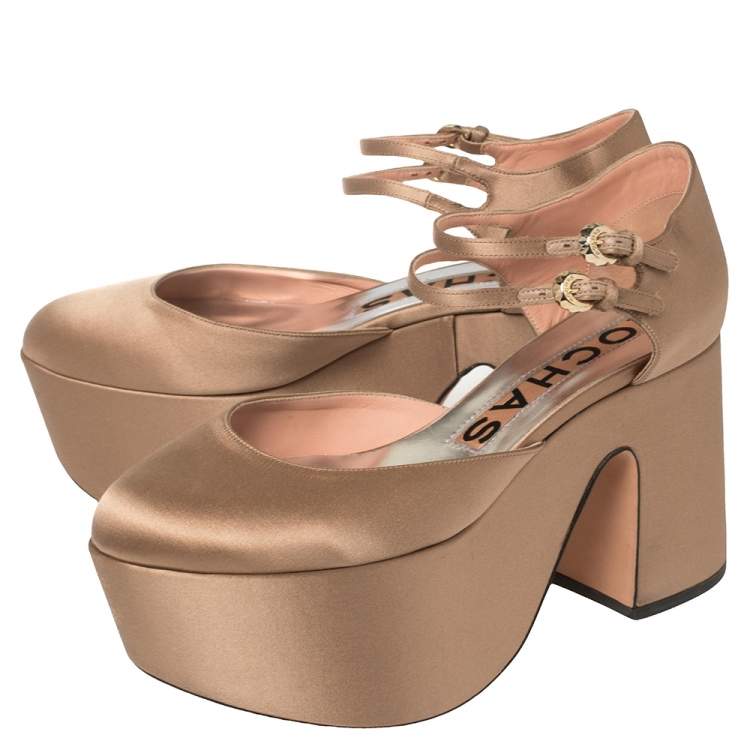 Pre Owned Rochas Beige Satin Platform Ankle Strap Pumps Size 39