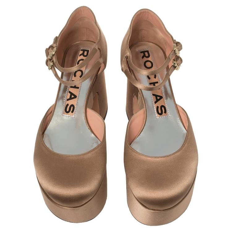 Pre Owned Rochas Beige Satin Platform Ankle Strap Pumps Size 39