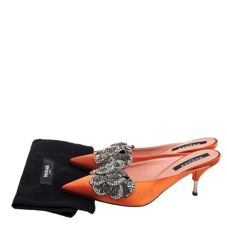 Pre Owned Rochas Orange Satin Crystal Embellishment Mule Sandals Size 39