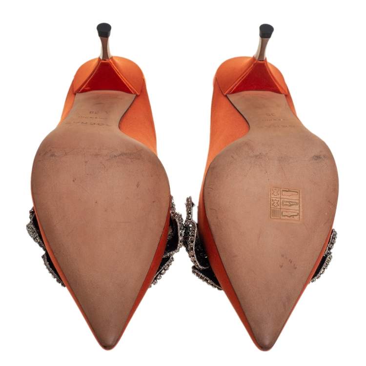 Pre Owned Rochas Orange Satin Crystal Embellishment Mule Sandals Size 39