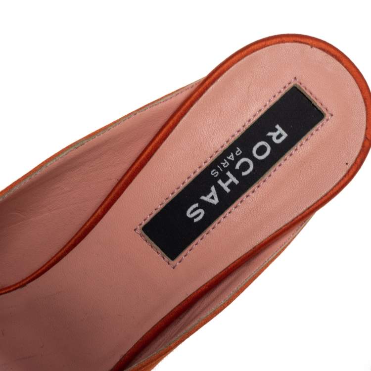 Pre Owned Rochas Orange Satin Crystal Embellishment Mule Sandals Size 39