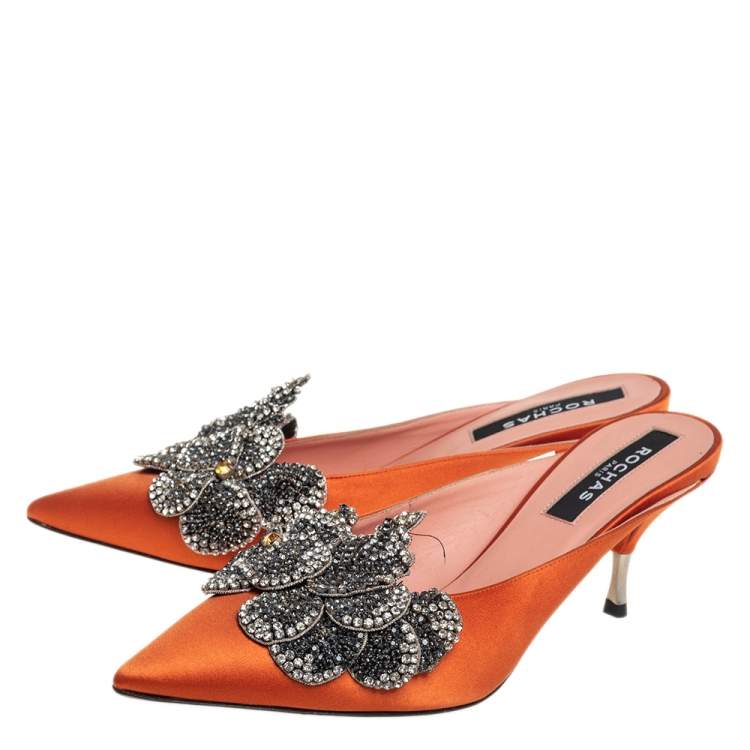 Pre Owned Rochas Orange Satin Crystal Embellishment Mule Sandals Size 39