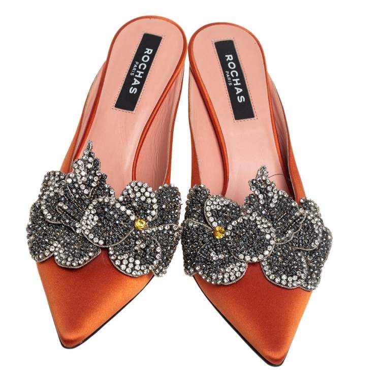 Pre Owned Rochas Orange Satin Crystal Embellishment Mule Sandals Size 39
