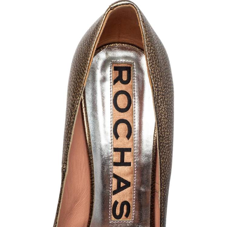 Pre Owned Rochas Metallic Bronze/Brown Leather Block Heel Loafer Pumps Size 39